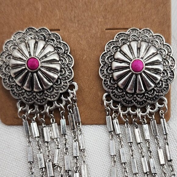 ICON Turquoise & Silver‎ Concho Fringe Chandelier Earrings NWT - Picture 4 of 5